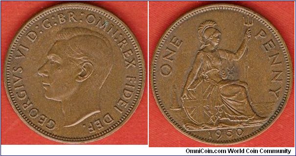 one penny
Brittannia
George VI by T.H. Paget, legends without IND. IMP.
bronze
mintage 240,000