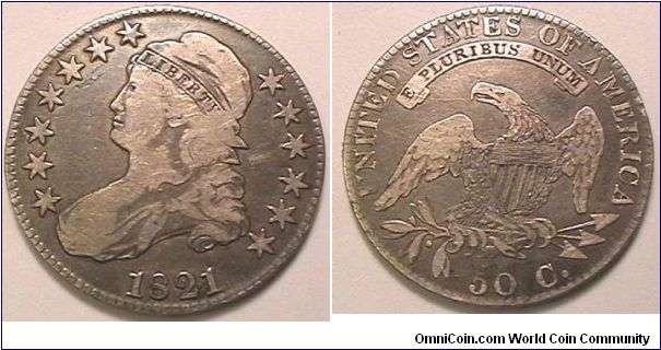 1821 Cap Bust Half Dollar, .8920 silver, .3869 oz ASW, Overton# 103