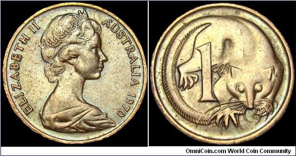 Australia - 1 Cent - 1970 - Weight 2,6 gr - Bronze - Size 17,51 mm - Ruler / Elizabeth II - Object / Ring-Tailed Opossum - Designer Obverse / Arnold Machin - Designer Reverse / Stuart Devlin - Mintage 72 560 000 - Edge : Plain - Reference KM# 62