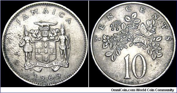 Jamaica - 10 Cent - 1969 - Weight 5,75 gr - Copper / Nickel - Ruler / Elizabeth II - Designer / Christopher Ironside - Mintage 19 508 000 - Edge : Reeded - Reference KM# 47