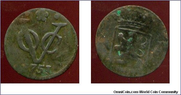 1751
Copper Duit
United East India Company 
(VOC Vereenigde Oostindische Compagnie)
VOC Monogram
Province of Holland coat of arms