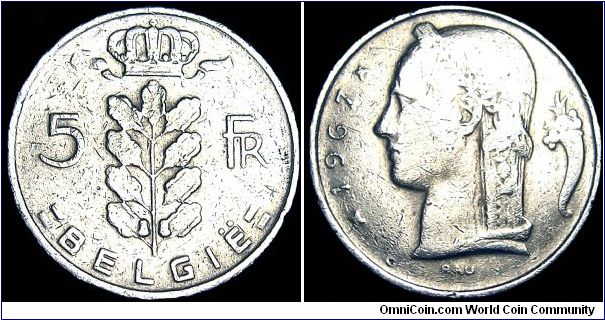 Belgium - 5 Francs / 5 Frank - 1967 - Weight 6 gr - Copper / Nickel - Size 24 mm - Mintage 16 132 000 - Edge : Reeded - Reference KM# 135.1