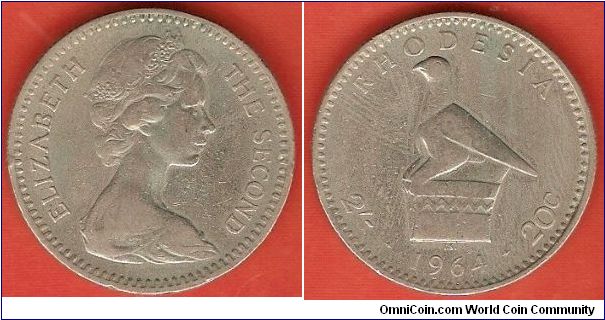 2 shillings / 20 cents
Elizabeth II by Arnold Machin
Zimbabwe bird
copper-nickel