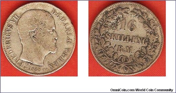 16 Rigsmontskilling
Frederick VII, by the grace of God king of Denmark, Vandalia and Gotland
0.500 silver
