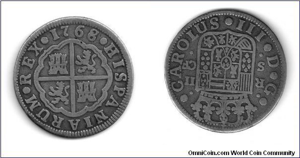 Final Silver mint cobs produced at Potosi, Bolivia until 1773
HISPANARIUM.REX.1768  CAROLUS.III D.G