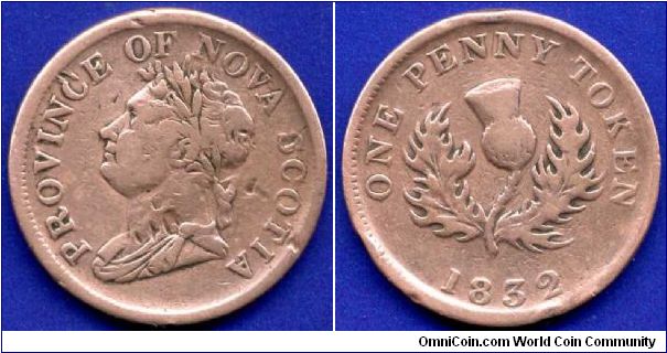 One Penny Token.
Nova Scotia.
William IV (1830-1837).
Mintage 200,000 units.


Cu.