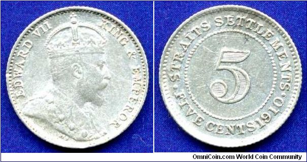 5 cents.
Sraits Settlements.
Edward VII (1901-1910).
Mintage 13,012,000 units.


Ag600f. 1,36gr.