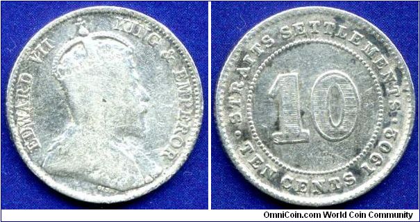 10 cents.
Straits Settlements.
Edward VII (1901-1910).
Mintage 6,118,000 units.


Ag800f. 2,71gr.