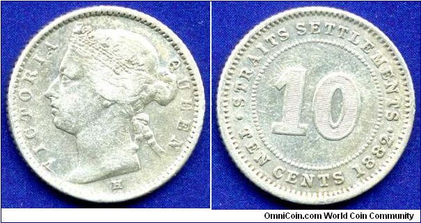 10 cents.
Straits Settlements.
Victoria (1837-1901) Queen.
'H'- Heaton mint, Birmingham.


Ag800f. 2,71gr.