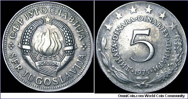 Yugoslavia - 5 Dinara - 1975 - Weight 6,9 gr - Copper / Nickel / Zink - Size 27,5 mm - Mintage 13 533 000 - Edge : Milled - Reference KM# 58