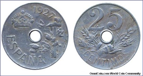 Spain, 25 centimos, 1927, Cu-Ni, holed.                                                                                                                                                                                                                                                                                                                                                                                                                                                                             