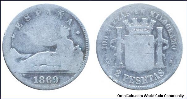 Spain, 2 pesetas, 1869, Ag, 10g, 100 piezas en kilogramo.                                                                                                                                                                                                                                                                                                                                                                                                                                                           