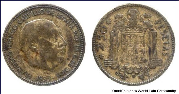 Spain, 2 1/2 pesetas, 1953, Al-Bronze, Franco.                                                                                                                                                                                                                                                                                                                                                                                                                                                                      
