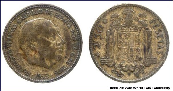 Spain, 2 1/2 pesetas, 1953, Al-Bronze, Franco.                                                                                                                                                                                                                                                                                                                                                                                                                                                                      