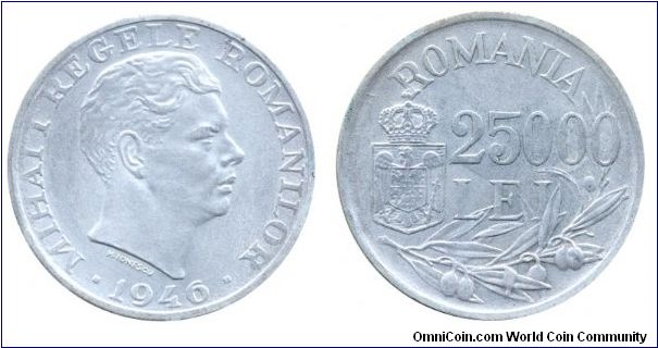 Romania, 25000 lei, 1946, Ag, 12.5g, King Mihai I.                                                                                                                                                                                                                                                                                                                                                                                                                                                                  