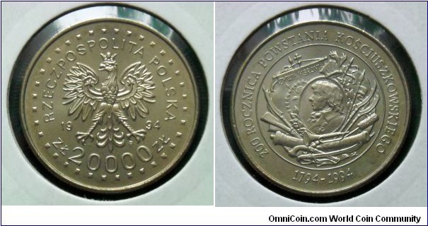 20000 zlotych. 1994,
200th Anniversary of Kosciuszko Uprising.
Cu-ni. Weight 10,8g.
Diameter 29,5mm. Mintage 100.000 units.