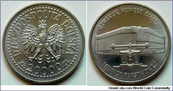 20000 zlotych.
1994, Opening of New Warsaw Mint Building.
Cu-ni. Weight 10,8g. Diameter 29,5mm. Mintage 252.000 units.