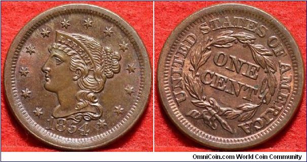 1854 Red Brown Braided Hair Large Cent; nice high end choice/gem example.