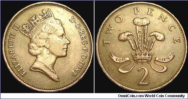 United Kingdom - 2 Pence - 1987 - Weight 7,12 gr - Bronze - Size 25,91 mm - Ruler / Elizabeth II - Designer Obverse / Raphael Malouf - Designer Reverse / Chrisopher Ironside - Mintage 218 101 000 - Edge : Plain - Reference KM# 936.2