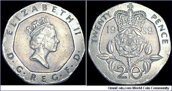 United Kingdom - 20 Pence - 1989 - Weight 5 gr - Copper / Nickel - Size 21,4 mm - Ruler / Elizabeth II - Designer Obverse / Raphael Maklouf - Designer Reverse / William Gardner - Mintage 132 014 000 - Shape : 7-Sided - Edge : Plain - Reference KM# 939