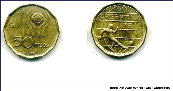 Argentina 1977 
50 Peso coin for the 1978 football, one of three denominations of 20-50-100Pesos issued.
24mm diameter