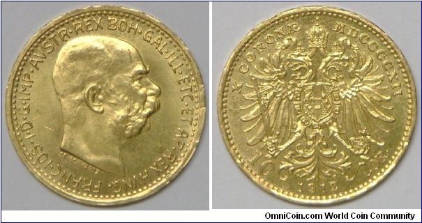 Franz Joseph I, 10 Corona, 1912 - MDCCCCXII (Restrike). 3.39g, 0.9000 Gold, .0980 Oz. AGW., 19mm. Brilliant uncirculated.

