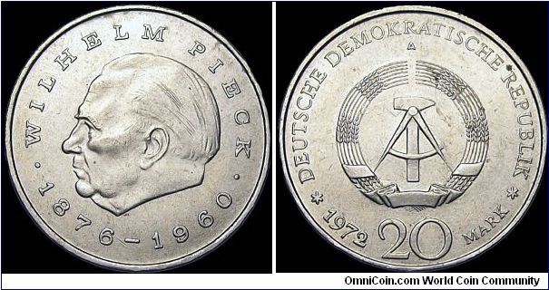 Germany DDR - 20 Mark - 1972 - Weight 15 gr - Copper / Nickel - Subject / Wilhelm Pieck - Mintage 2 500 000 - Edge Lettering : 20 Mark - Reference KM# 42