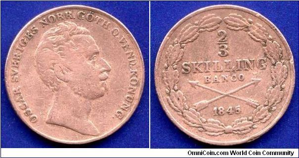 2/3 skilling banco.
King of Sweden & Norge Oscar I (1844-1859).
Mintage 495,000 units.


Cu.
