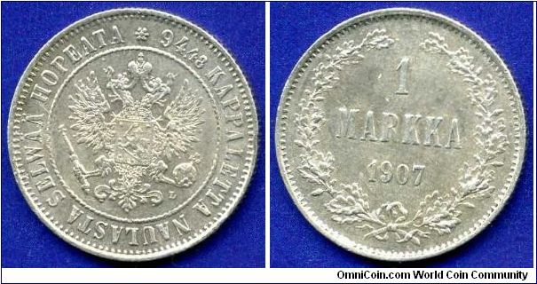 1 Markka.
Grand Duchy of Finland.
Nicolaus II (1894-1917).
'L', mintage 350,000 units.


Ag860f. 5,18gr.