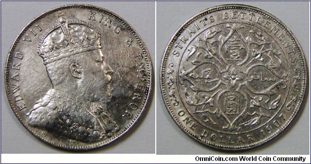Straits Edward VII 1907 H Dollar. EF+.