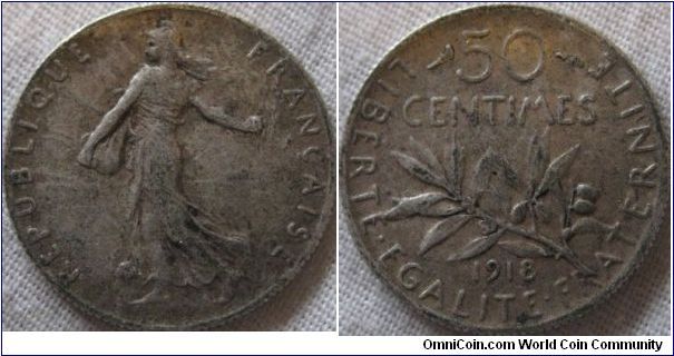 VF 1918 50 centimes, bit discoloured but detail is good.