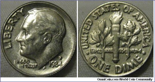 1984 P Dime very worn die, otherwise a good EF coin