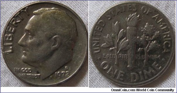 1972 D dime, worn some copper colouration showing