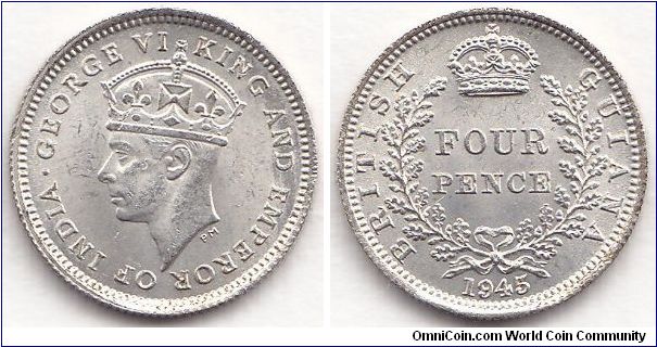British Guiana KGVI 4 Pence 1945. Choice BU example, nice gift from Rod.