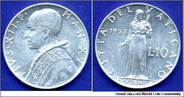 10 Lire.
Pope Pius XII (1939-1958).
Mintage 1,130,000 units.


Al.