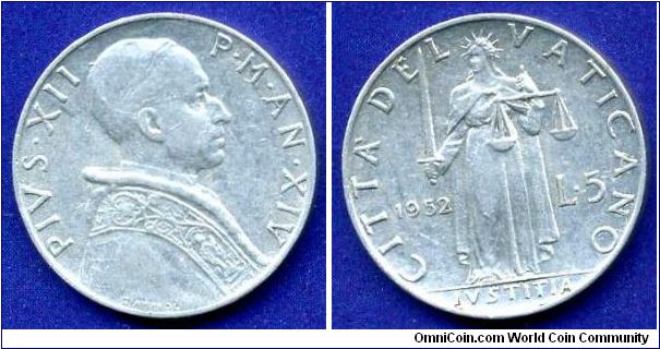 5 Lire.
Pope Pius XII (1939-1958).
Mintage 1,500,000 units.


Al.
