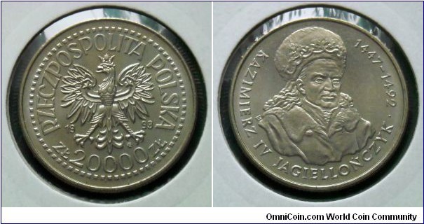 20000 zlotych.
1993, Kazimierz IV Jagiellonczyk (1447-1492). Cu-ni. 
Weight 10,8g. Diameter 29,5mm. Mintage 1.500.000 units.