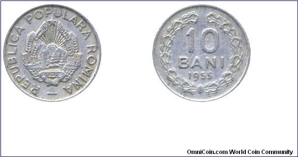 Romania, 10 bani, 1955, Cu-Ni, People's Republic of Romania.                                                                                                                                                                                                                                                                                                                                                                                                                                                        