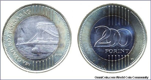 Hungary, 200 forint, 2009, Cu-Zn-Ni- Cu-Ni, bi-metallic, 28.30mm, 9g, MM: BP., Chain Bridge.                                                                                                                                                                                                                                                                                                                                                                                                                        