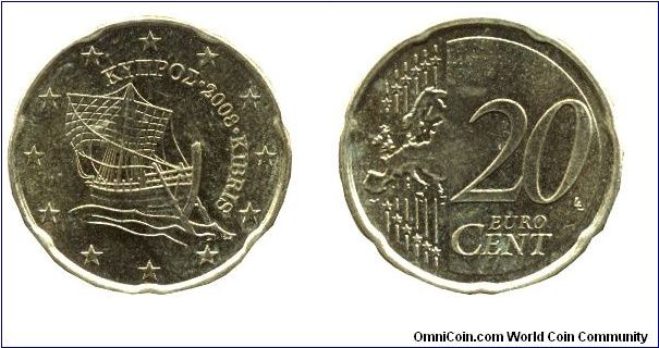 Cyprus, 20 cents, 2008, Cu-Al-Zn-Sn, 22.25mm, 5.74g, ship, new complete map of Europe.                                                                                                                                                                                                                                                                                                                                                                                                                              
