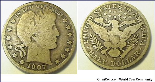 1907-O Barber Half Dollar, .900 silver, .3618 oz ASW, G-6