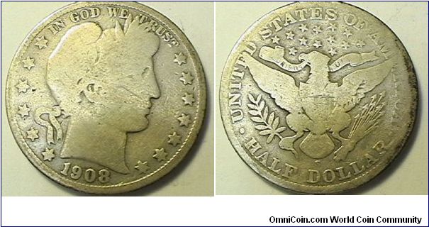 1908-S Barber Half Dollar, .900 silver, .3618 oz ASW, G-4