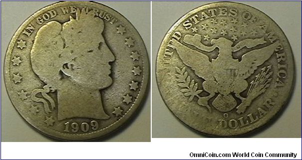 1909-O Barber Half Dollar,.900 silver,.3618 oz ASW, AG