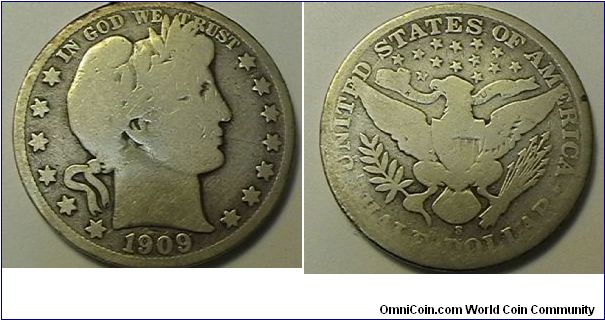1909-S Barber Half Dollar, .900 silver, .3618 oz ASW, G-