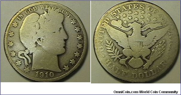 1910-S Barber Half Dollar, .900 silver,.3618 oz ASW, AG