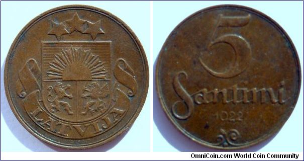 5 santimi.
1922, Brass.
Weight 3g. Diameter 22mm. Mintage 15.000.000 units.