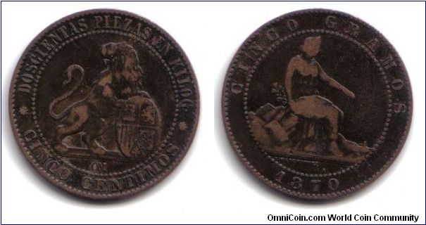 Spain, 5 Centimos, 1870