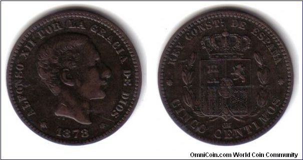 Spain, 1878, 5 Centimos