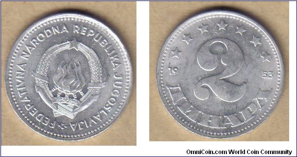 Yugoslavia, 2 Dinara, 1953