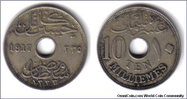 Egypt, 10 Milliemes, 'H', 1917